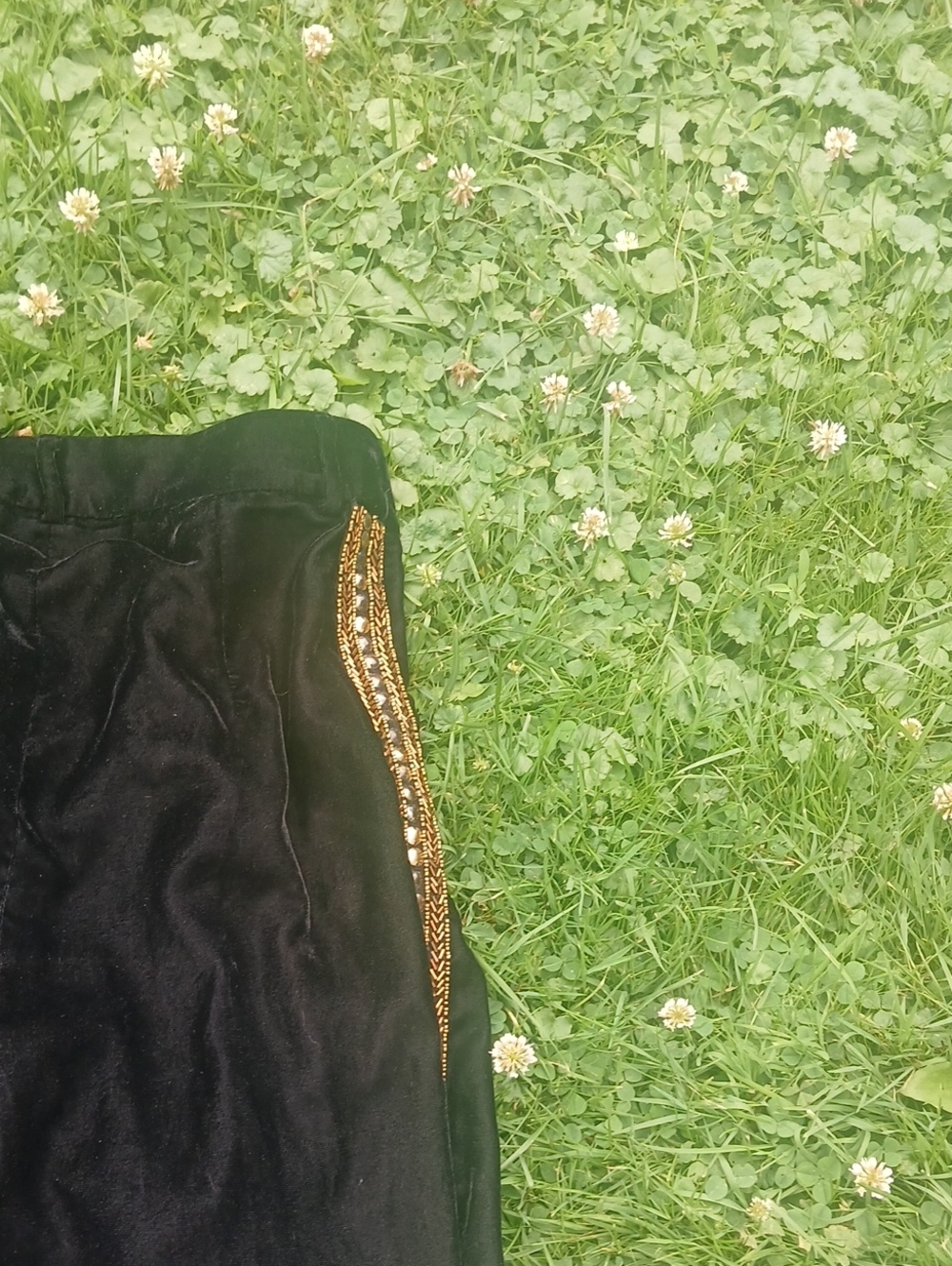 Carolina K Black Velvet High Rise Wide-Leg Pants with Gold Trim - Picture 7 of 7